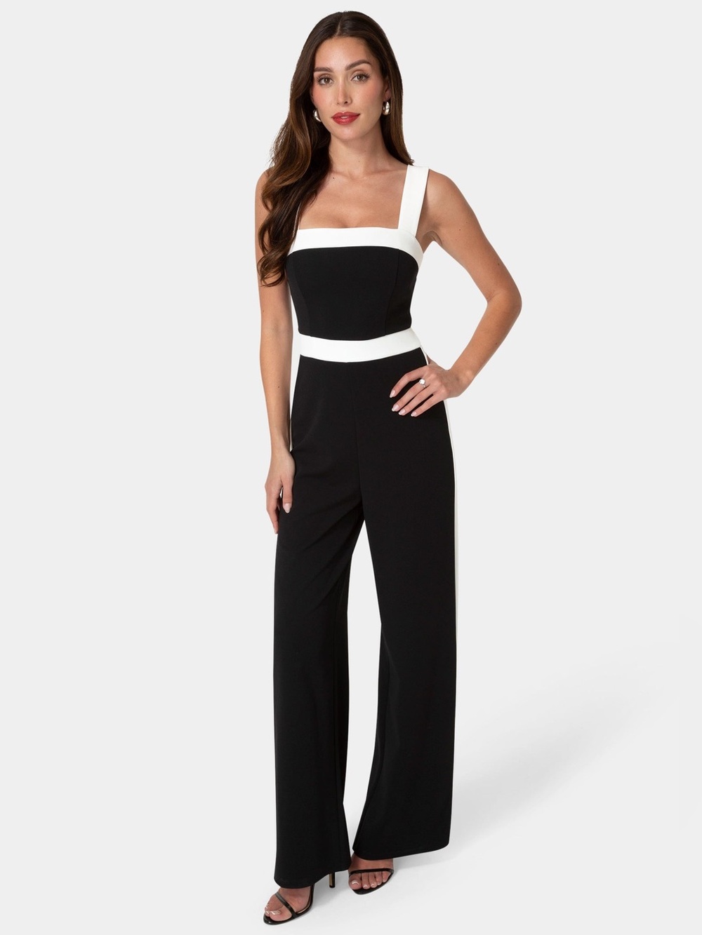 Bebe Colorblock Square Neck Jumpsuit Wide Leg Size Medium Black White